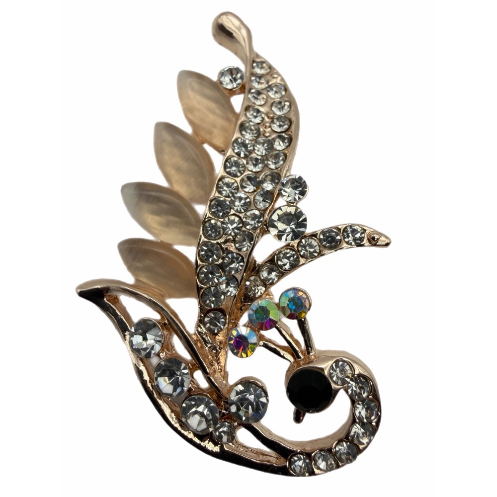 Gold Tone Peacock Brooch Rhinestone Cats Eye Aurora Borealis Bird Brooch